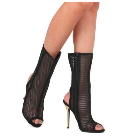 Black Mesh Mid Calf Peep Toe Stiletto Boots with Side Zipper, Size 7.5, NWB - Picture 1 of 8